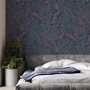 PAPEL TAPIZ S. EASY SCATTERED LEAVES 0.52X10 MTS BLUE/COPPER