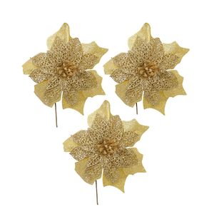 Navidad Flores P/Arbol X3Pzs Brillo 16X23Cm Dorado