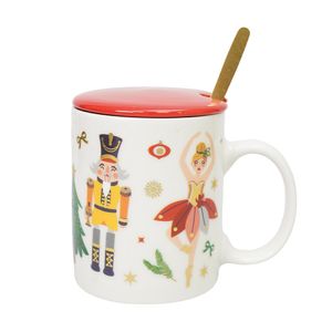 Navidad Taza C/Tapa Y Cucharita Diseño Variado 10Cm Rojo