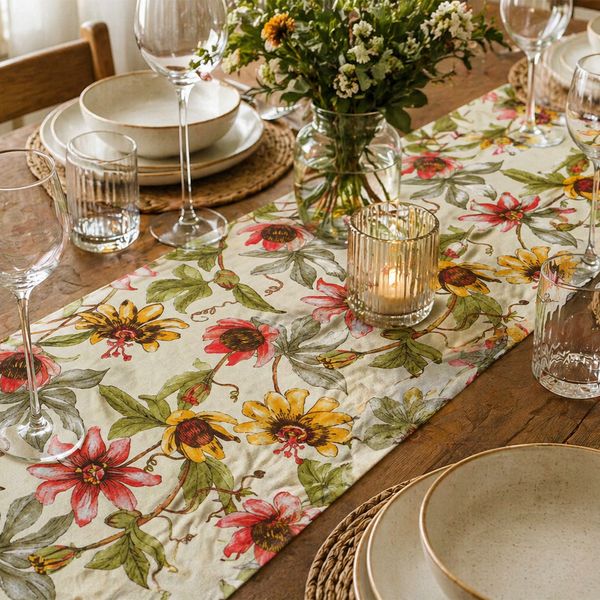 Camino De Mesa Antifluido Jardin Flores Beige 220X30Cm
