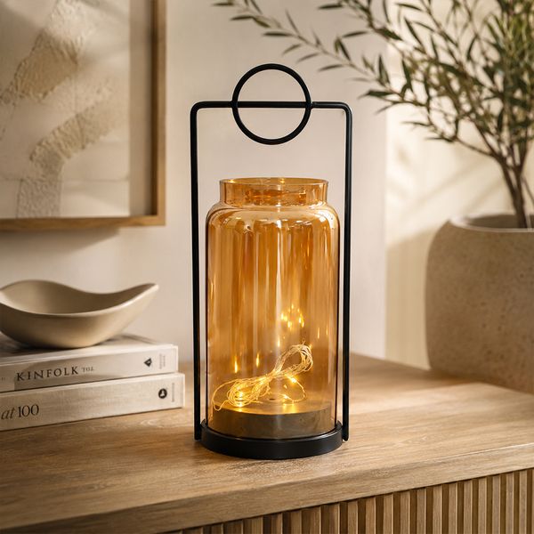 Farol Metal Vidrio C/Luz Led 11X11X29Cm Dorado C/Negro (Bd007-S)