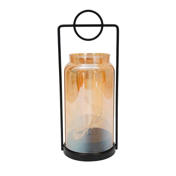 Farol Metal Vidrio C/Luz Led 11X11X29Cm Dorado C/Negro (Bd007-S)