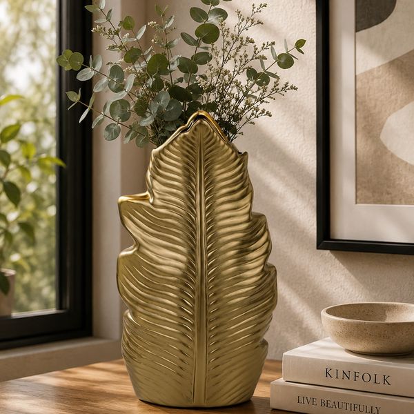 FLORERO PORCELANA HOJA 5.5X11X20CM DORADO (REG33-016S)