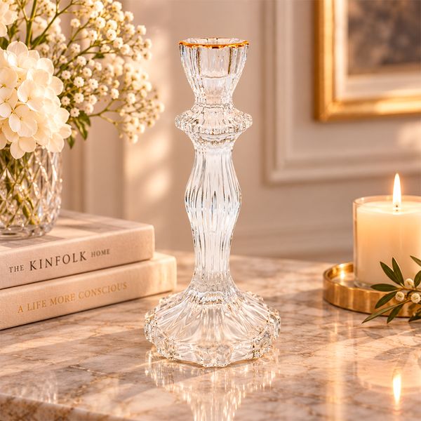 Candelabro Transparente Alto Bordes Dorados 10X10X20Cm Dorado (70-040-1)
