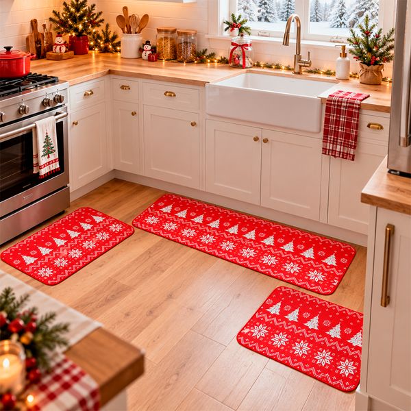 Set de 3 Tapetes Navideños de Cocina Cozy Rojo